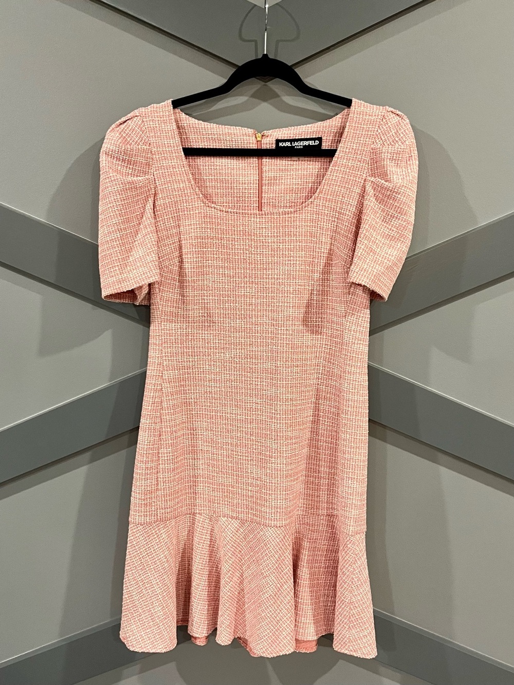 Karl Lagerfeld Blush Pink Tweed Ruffle-Hem Dress